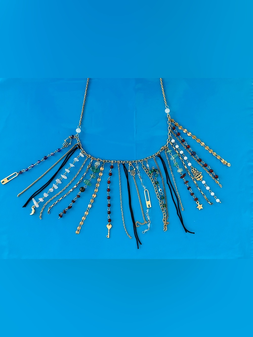 NWT EARTHBOUND Gold Multi-Chain Fringe Necklace with Mixed Gem Beads & Hamsa